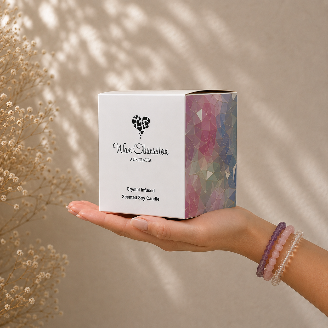 Aventurine Crystal Candle in custom packaging by Wax Obsession