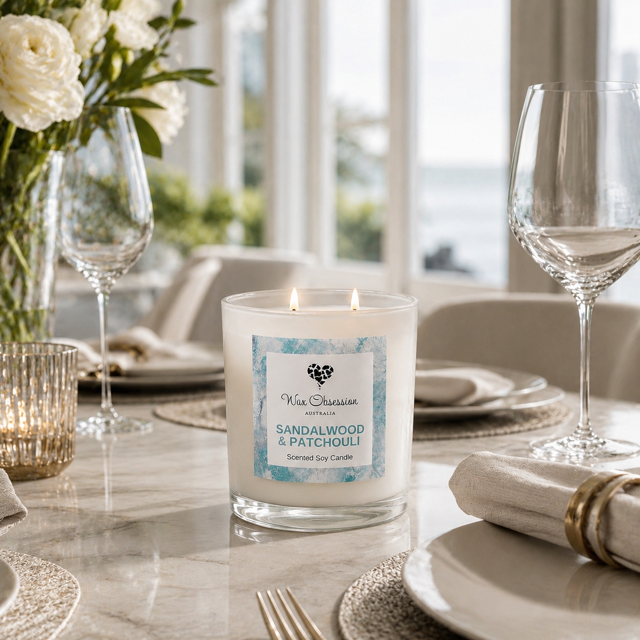 Sandalwood, Vanilla & Patchouli Scented Soy Candle | a woody, sweet fragranced candle by Wax Obsession