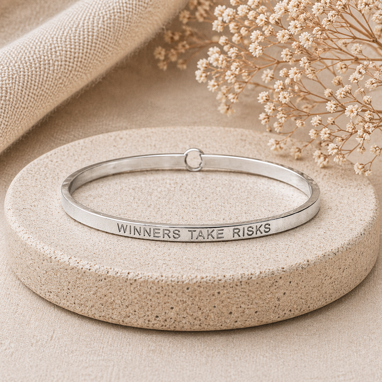 Winners Take Risks Quote Bangle – Stainless Steel Bracelet by Wax Obsession