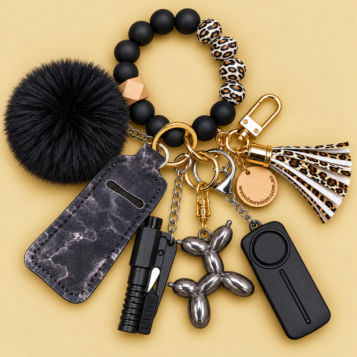 Women's Safety Bag Charm & Keychain | Black & Leopard