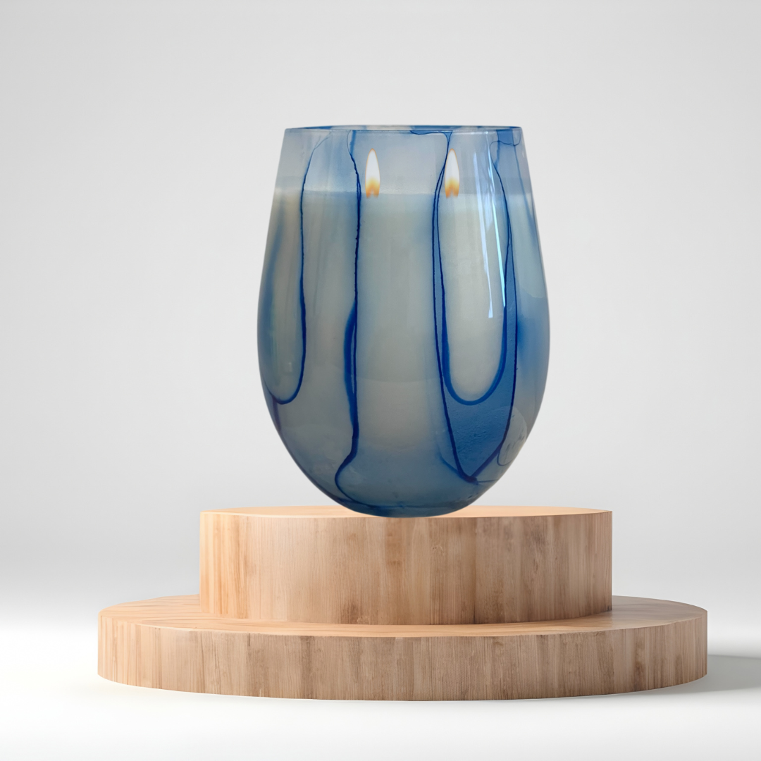 Blue Tie-Dye Reusable Glass Candle – double wicked soy candle in blue and white tie-dye patterned glass by Wax Obsession