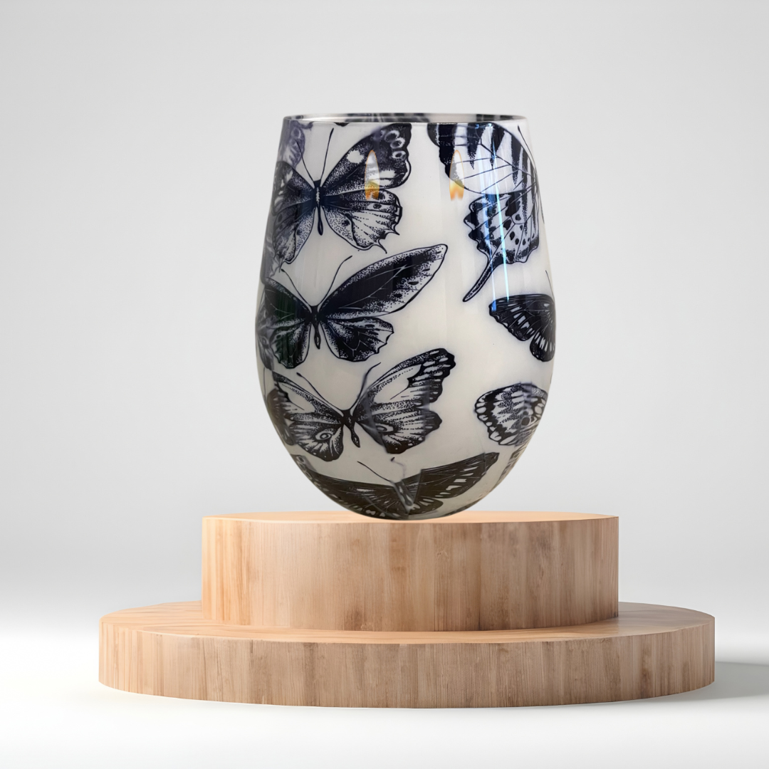 Butterfly Reusable Glass Candle – double wicked soy candle in blue and white marbled glass by Wax Obsession