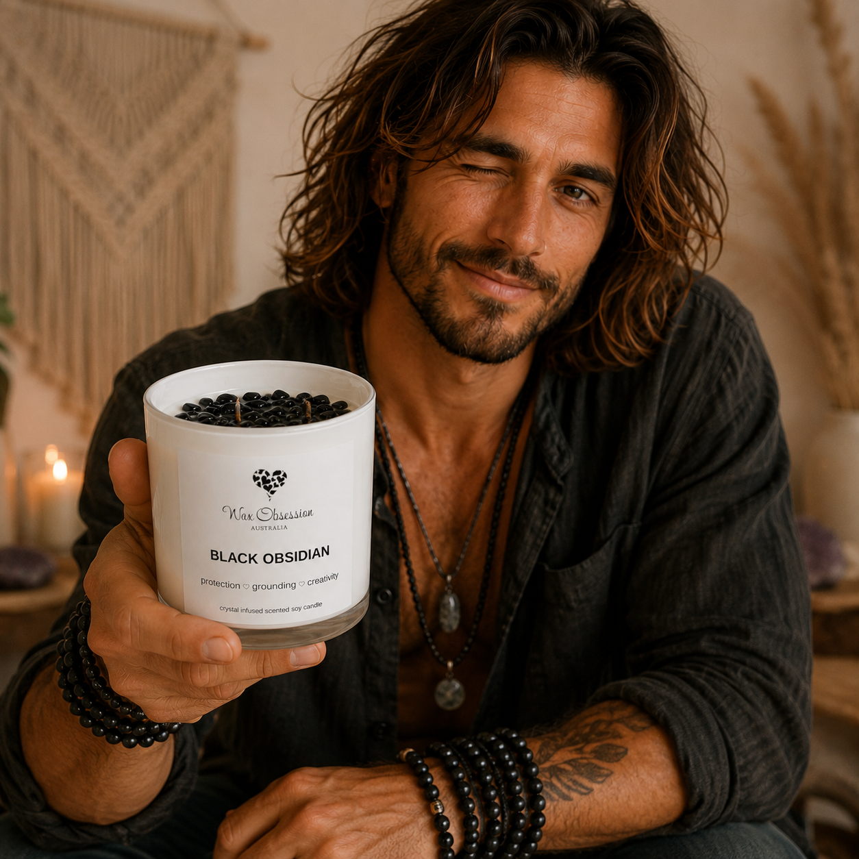 Black Obsidian Intention Crystal Infused Candle | Made in Australia by Wax Obsession