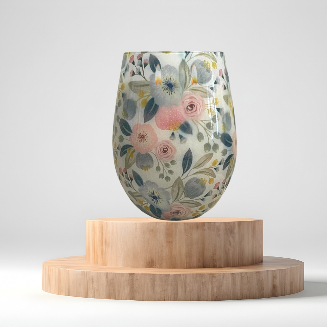Floral Reusable Glass Candle – double wicked soy candle in blue and white marbled glass by Wax Obsession