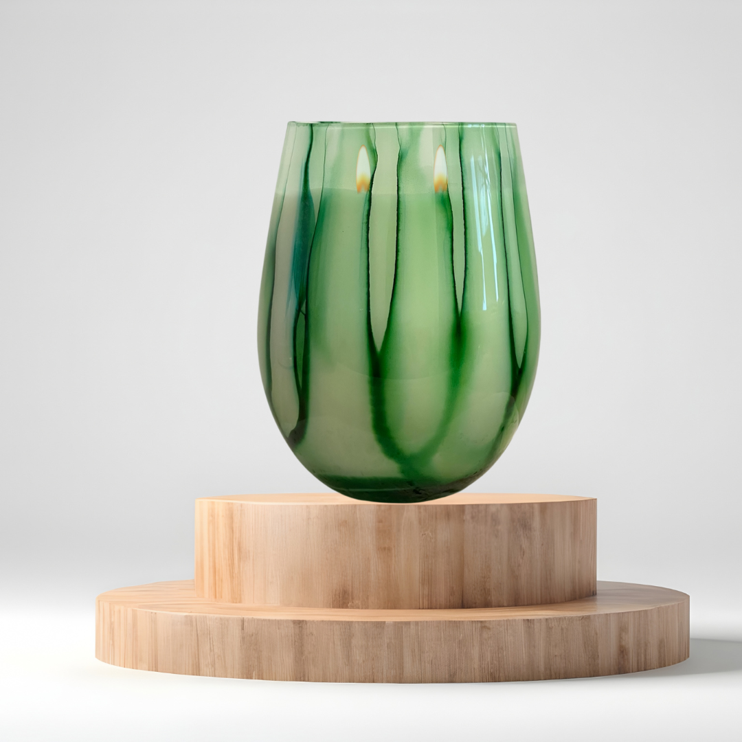 Green Tie-Dye Reusable Glass Candle – double wicked soy candle in green tie dye patterned glass by Wax Obsession