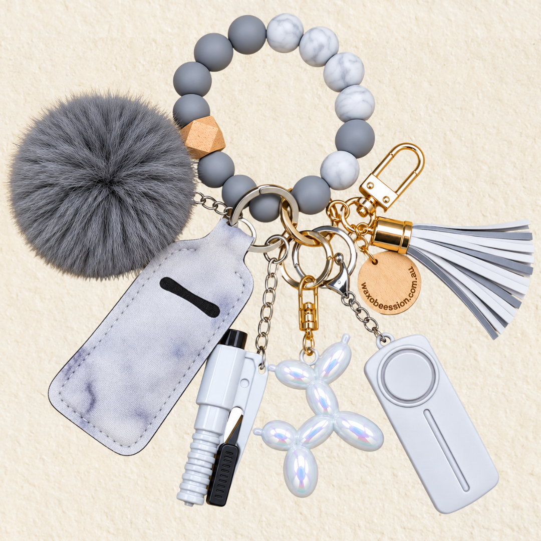 Safety Keychain & Bag Charm for Women - Grey & White | Wax Obsession