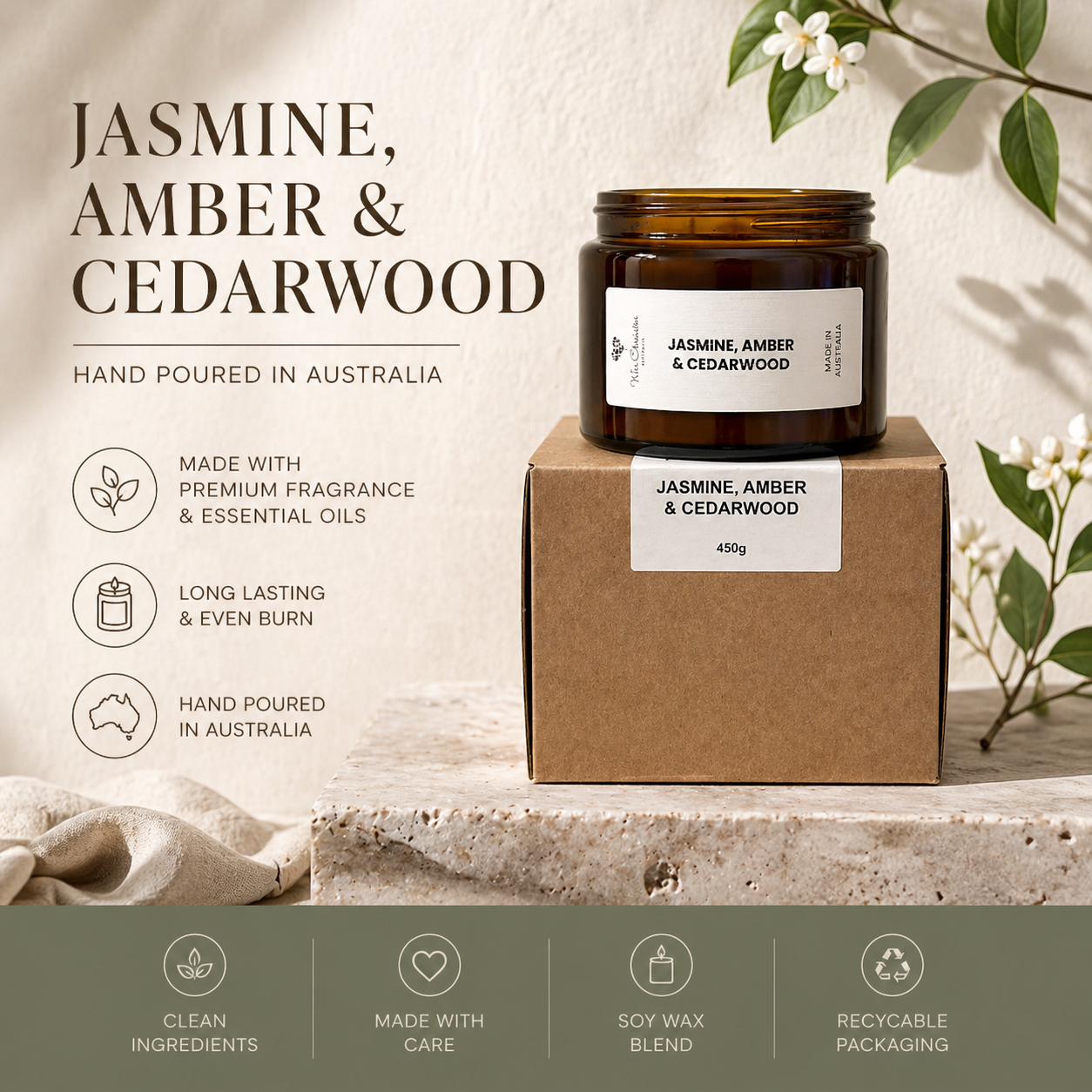 Jasmine, Amber & Cedarwood Candle – Triple Wick Soy Candle