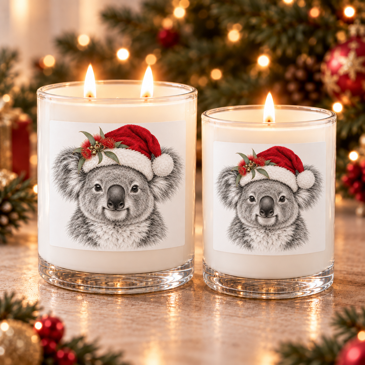 Koala wearing santa hat | festive scented Christmas candle hand poured by Wax Obsession