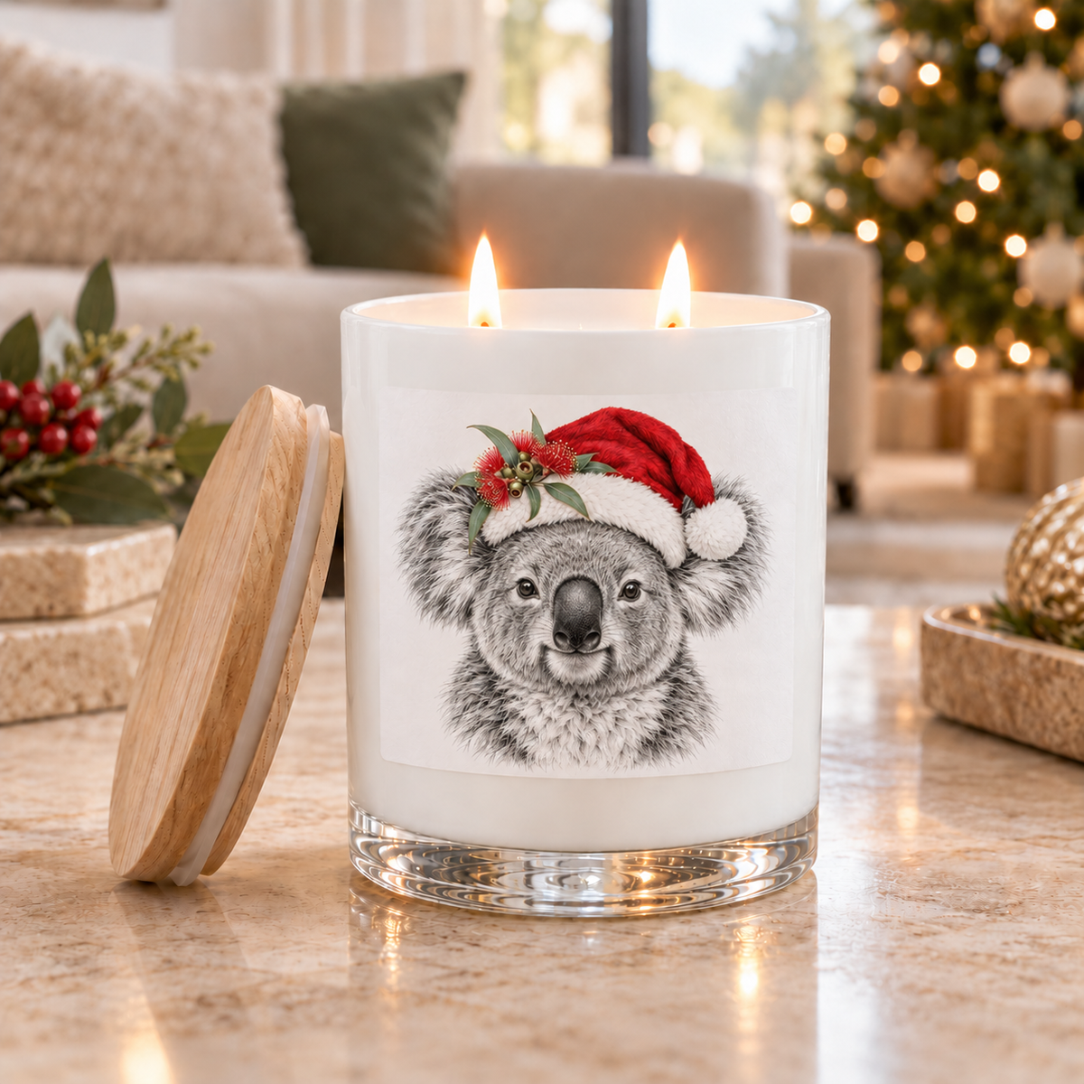 Christmas Scented Soy Candle with Koala in santa hat | hand poured by Wax Obsession
