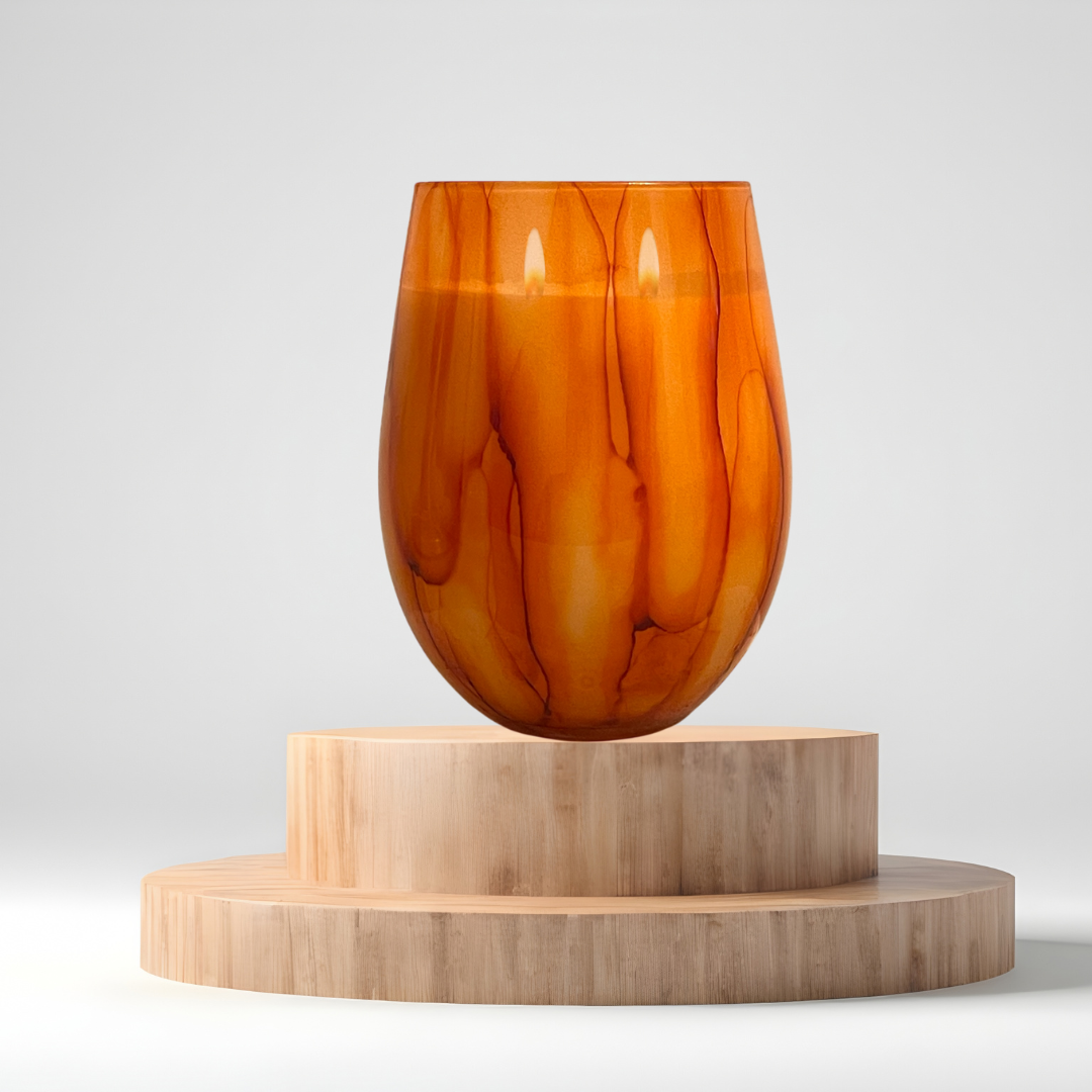 Orange Tie-Dye Reusable Glass Candle – double wicked soy candle in orange and white tie-dye patterned glass by Wax Obsession