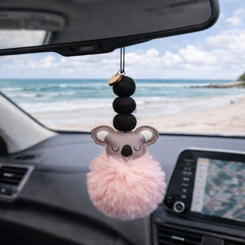 Pink plush koala car fragrance with vegan leather details and wool balls – Wildlife Collection by Wax Obsession