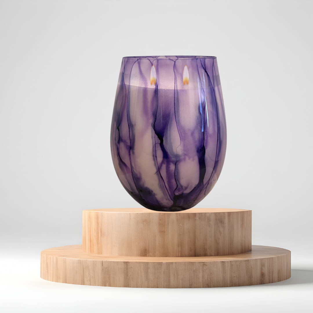 Purple Tie-Dye Reusable Glass Candle – double wicked soy candle in purple and white tie-dye patterned glass by Wax Obsession
