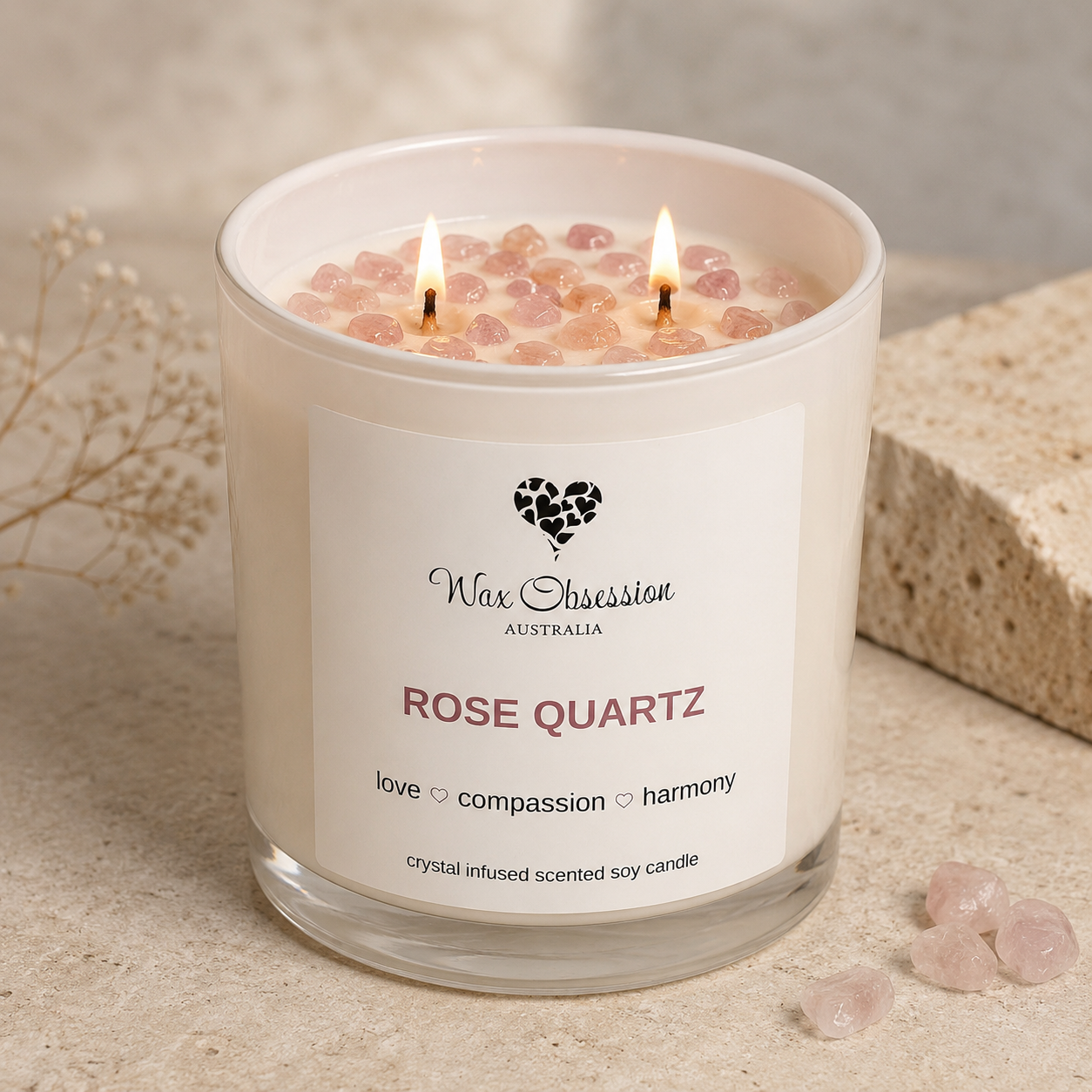 ROSE QUARTZ CRYSTAL CANDLE | WAX OBSESSION