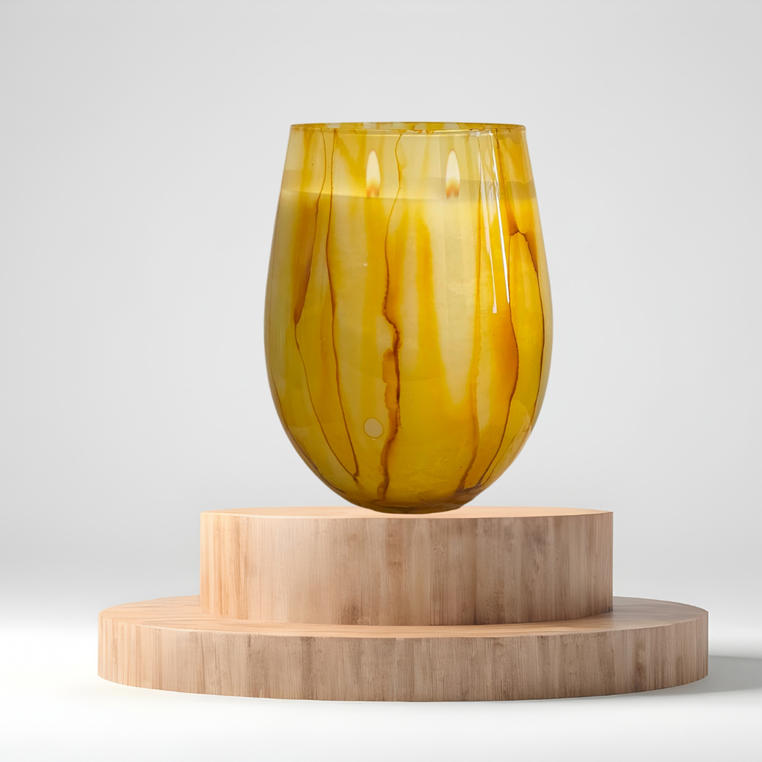 Yellow Tie-Dye Reusable Glass Candle – double wicked soy candle in Yellow tie-dye patterned glass by Wax Obsession