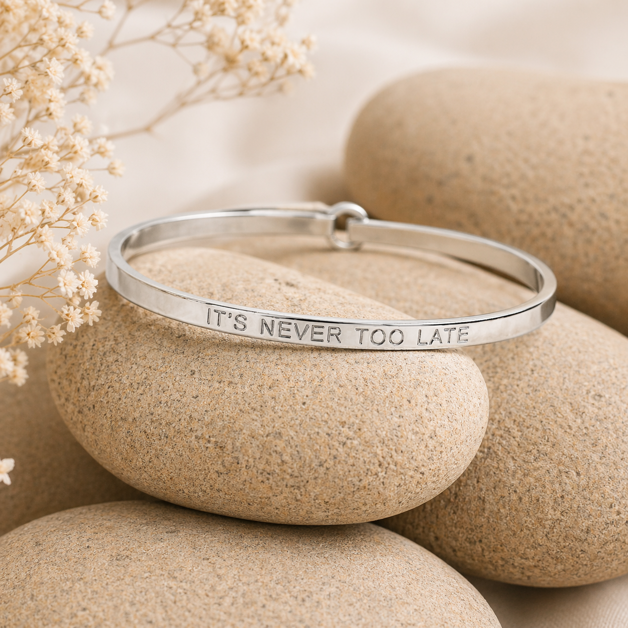 It's Never Too Late Quote Bangle – Stainless Steel Bracelet by Wax Obsession