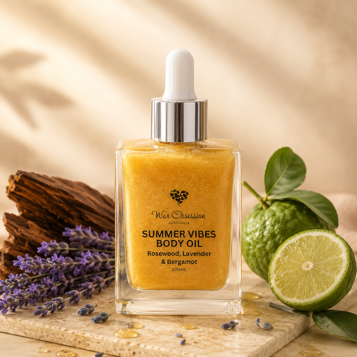 Rosewood, Lavender & Bergamot Essential Oil Body Oil with gold shimmer | Wax Obsession