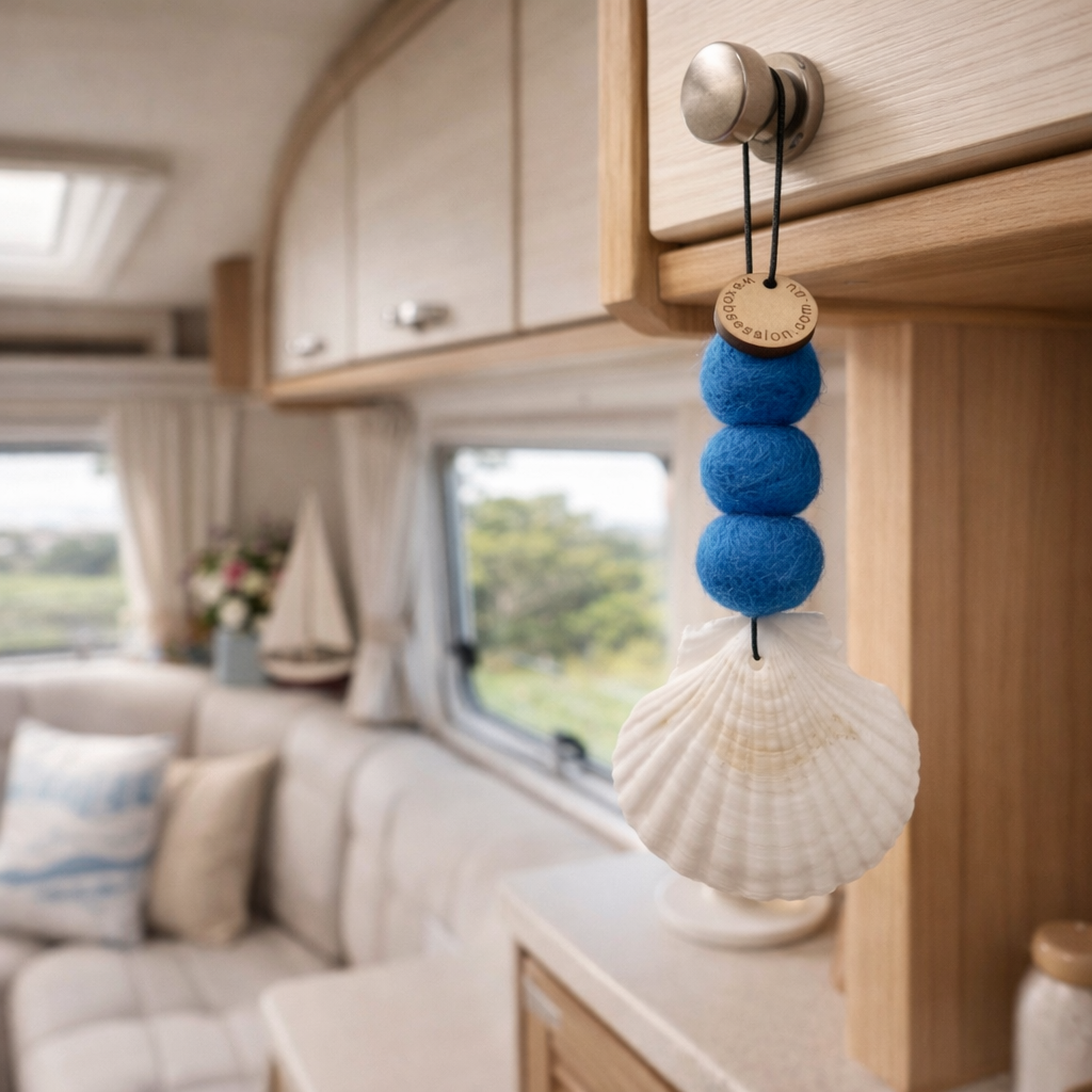 Purple seashell car air freshener styled inside caravan for a coastal travel vibe