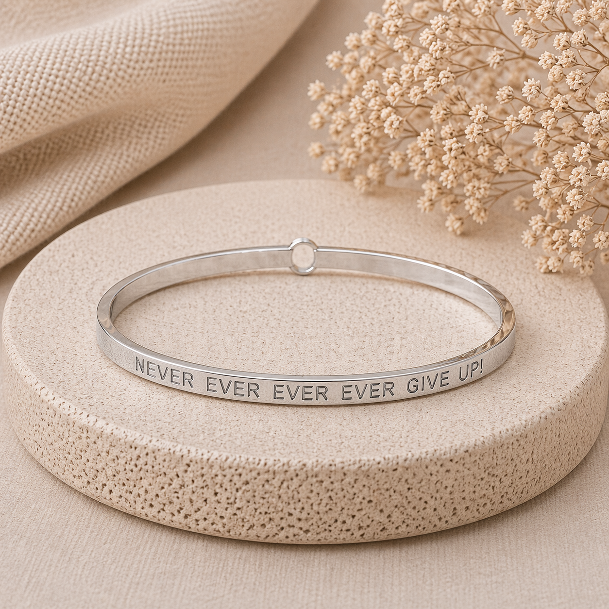 Never Ever Ever Ever Give Up Quote Bangle – Stainless Steel Bracelet by Wax Obsession