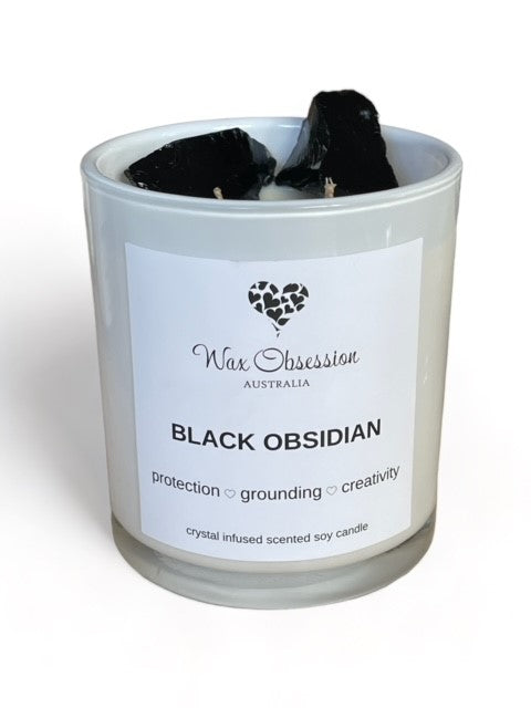 Black Obsidian Crystal Candle - Protection, Grounding, Creativity