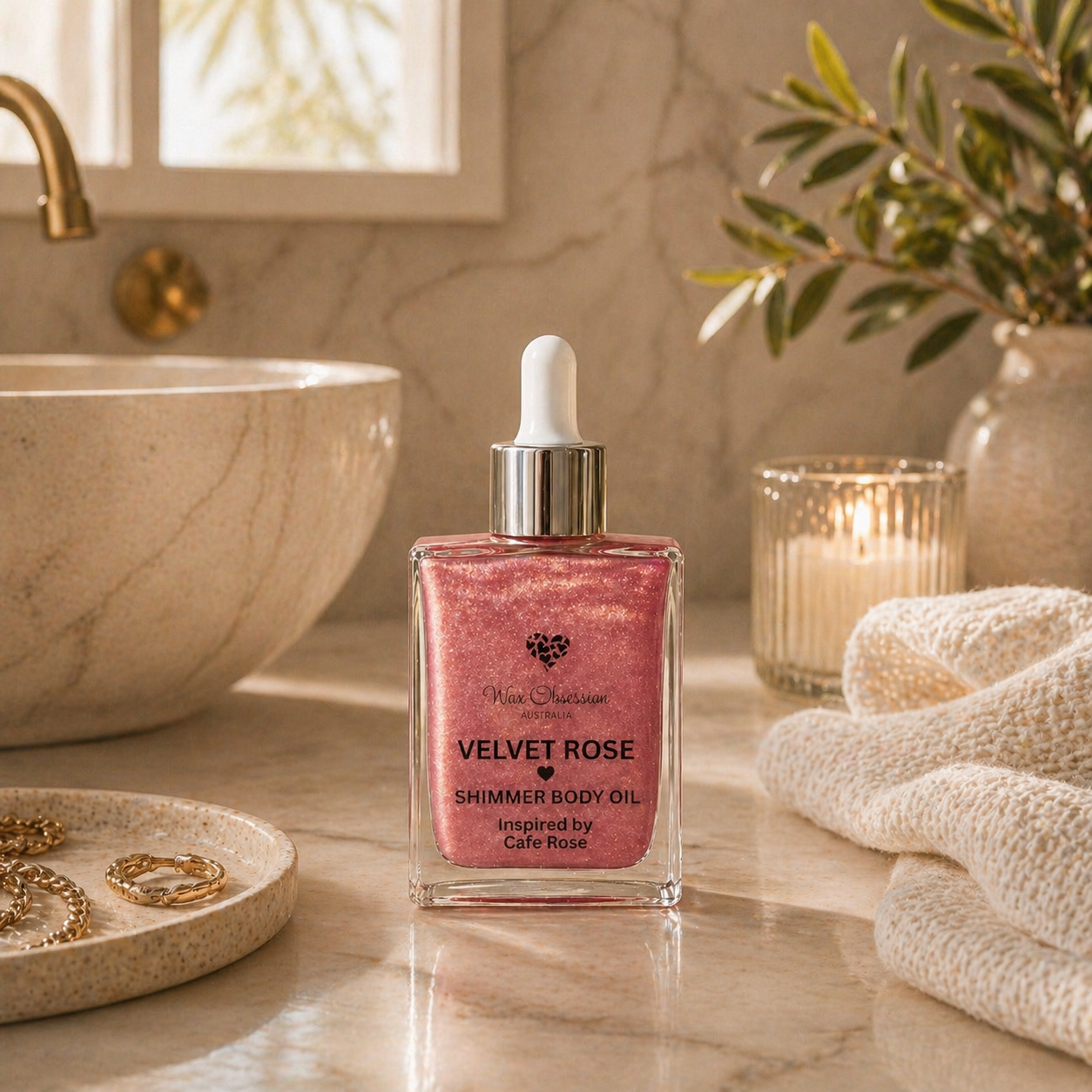 Velvet Rose Shimmer Body Oil by Wax Obsession | a dupe of Tom Ford's Cafe Rose