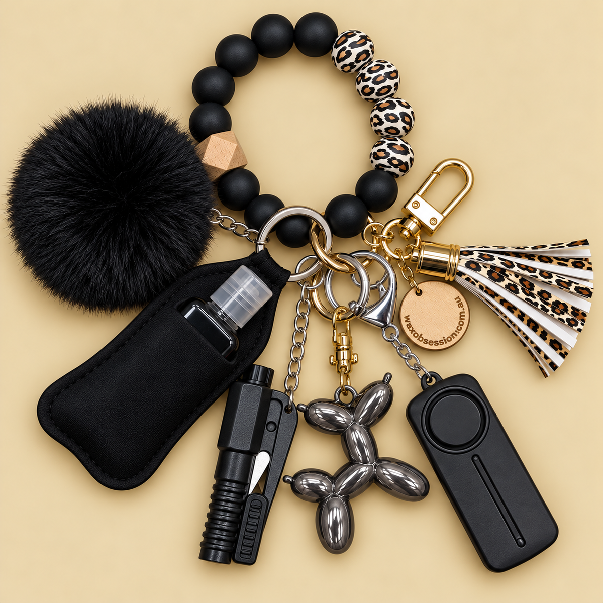 Women's Safety Bag Charm & Keychain | Black & Leopard