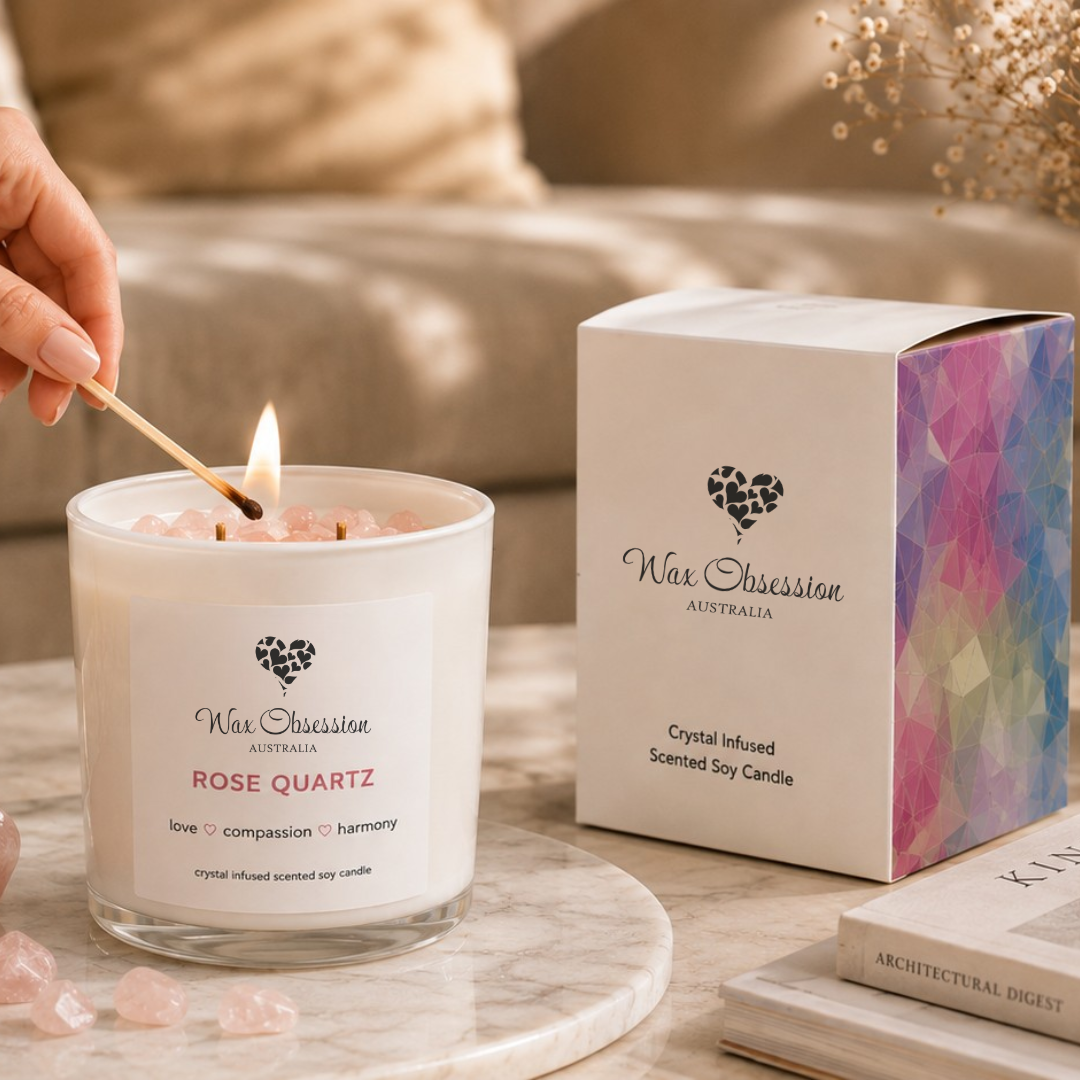 Rose Quartz Crystal Candle in custom printed packaging by Wax Obsession