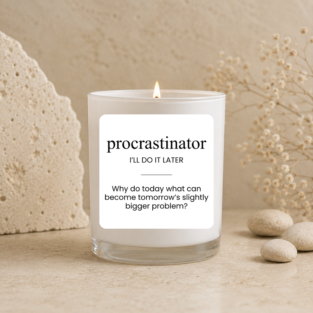 Procrastinator scented soy candle from the Wax Obsession Definition Collection