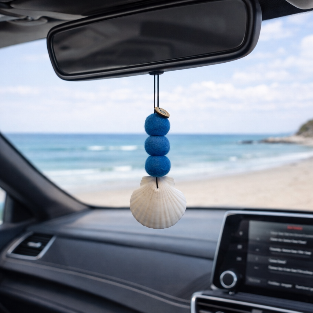 Coastal felt ball car fragrance with seashell – blue diffuser by Wax Obsession