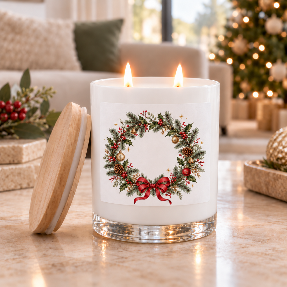 Festive Christmas Wreath Design | Christmas scented soy candle by Wax Obsession